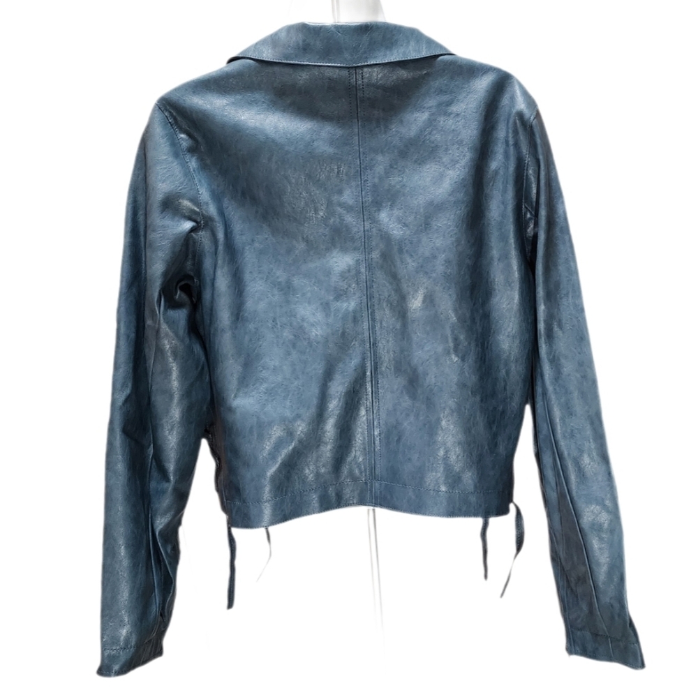 Democracy Long Sleeve Faux Leather Cropped Button Front Lace-Up Jacket Green S - Picture 9 of 11